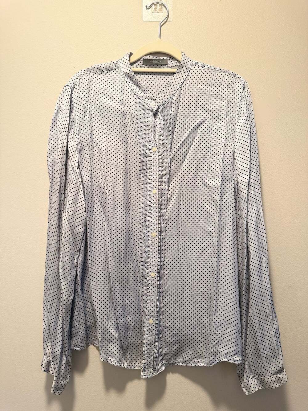 Liz Claiborne Collection Blouse Size 16 Light Blue Black Polka Dot Silk